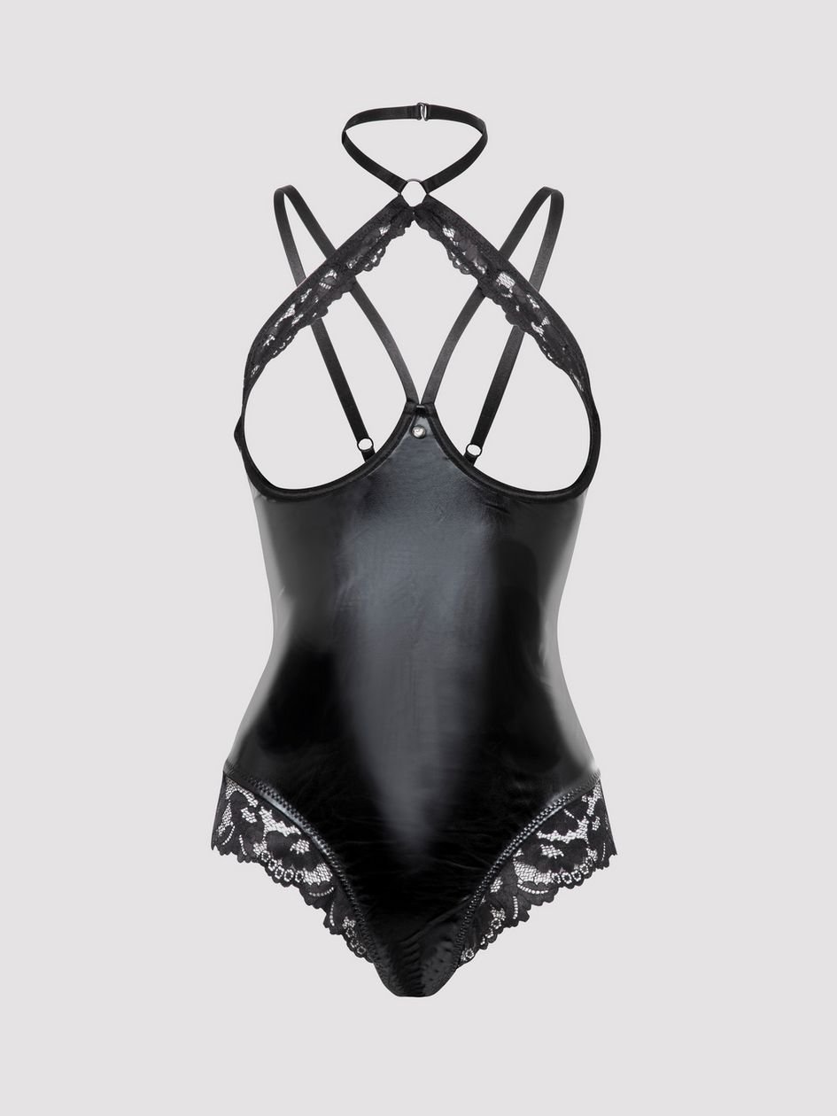 83441.jpg Lovehoney Plus Size Fierce Romance Black Wet Look and Lace Open-Cup Teddy - Image 1