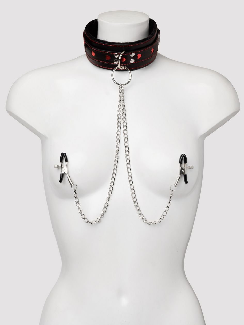 86964.jpg Bondage Boutique Heart Collar with Nipple Clamps and Chain - Image 1