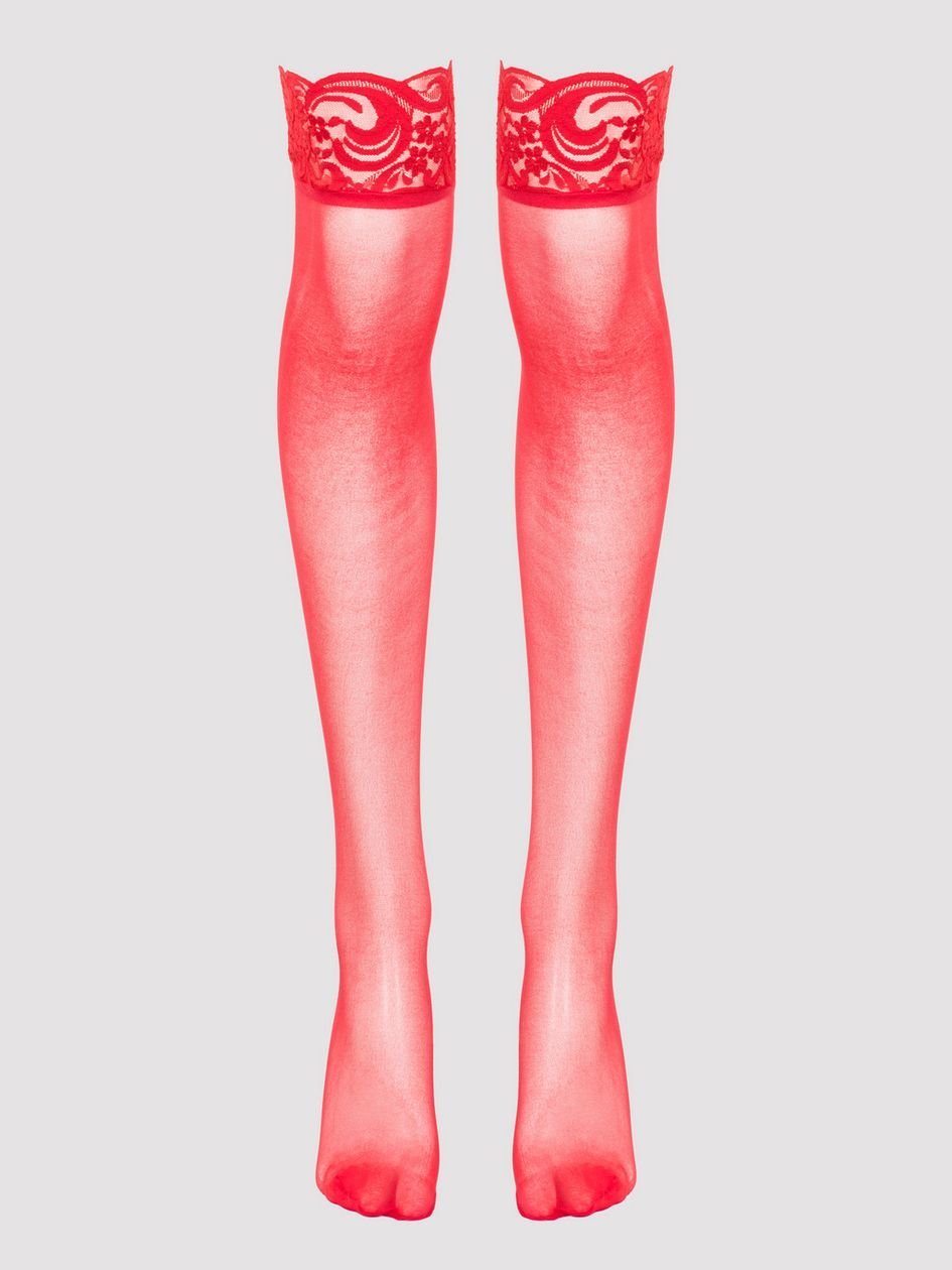 a30685g58340.jpg Lovehoney Plus Size Red Sheer Lace Top Thigh High Stockings - Image 1
