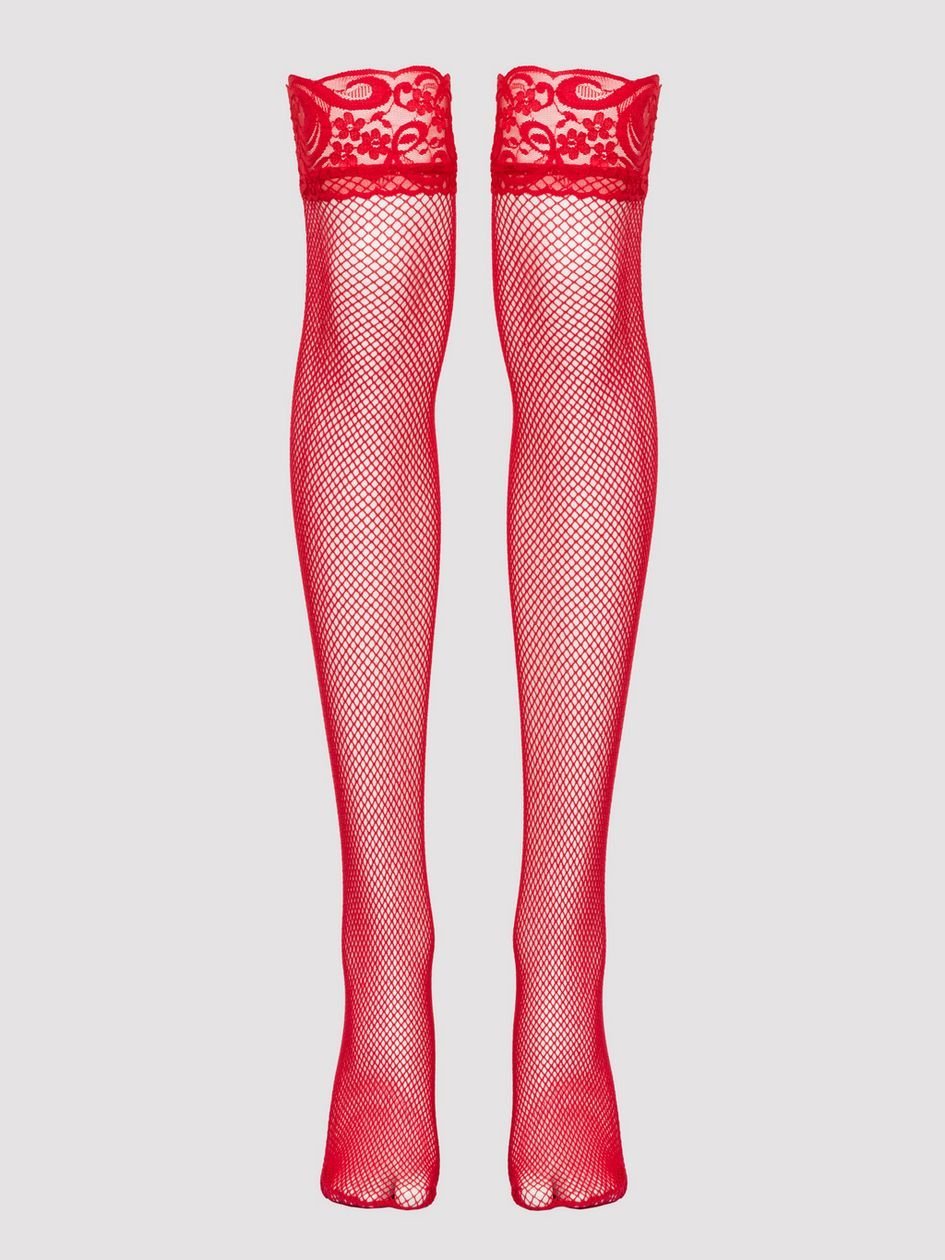 a30687g68437.jpg Lovehoney Plus Size Red Fishnet Lace Top Thigh High Stockings - Image 1