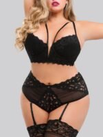 Lovehoney Plus Size Parisienne Black Lace Plunge Longline Bra Set - Image 2