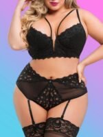 Lovehoney Plus Size Parisienne Black Lace Plunge Longline Bra Set - Image 3