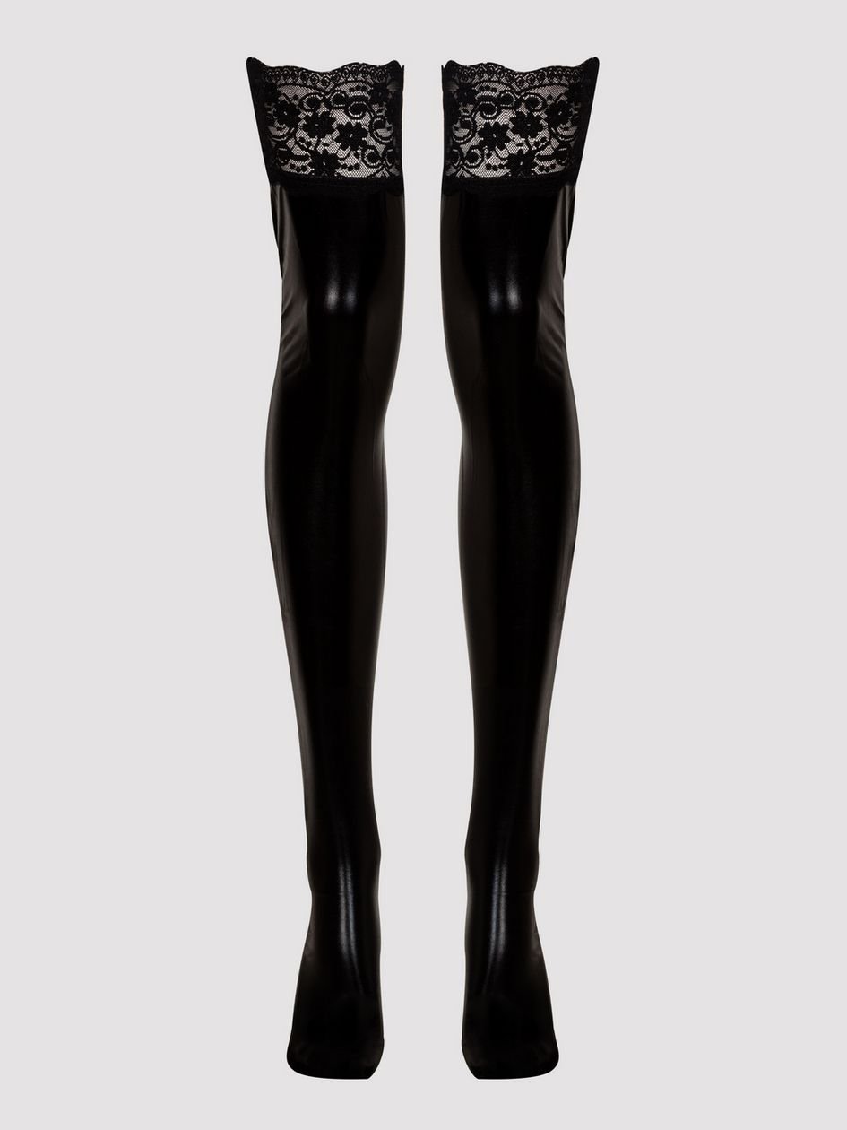 a39636g72637.jpg Lovehoney Fierce Black Wet Look Thigh-Highs with Lace Tops - Image 1