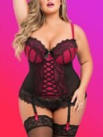 Lovehoney Plus Size Boudoir Belle Cherry Push-Up Basque Set - Image 3