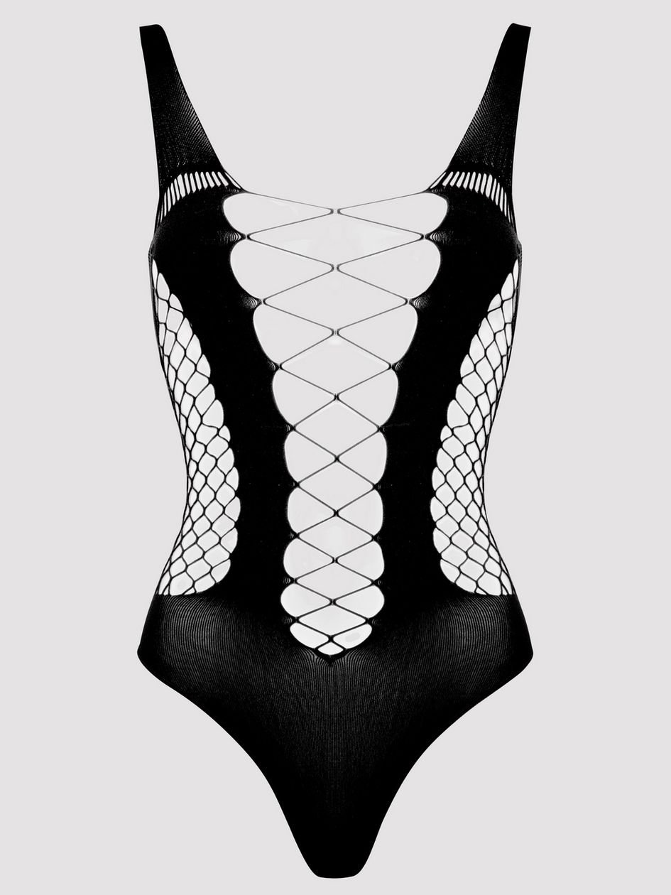 a39932g73104.jpg Lovehoney Plus Size Black Deep Plunge Fence Net Teddy - Image 1