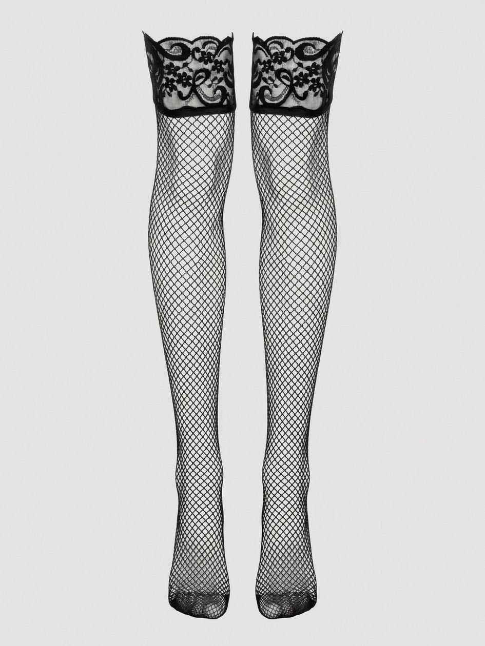 a48129g85861.jpg Lovehoney Plus Size Black Fishnet Lace Top Hold-Ups - Image 1
