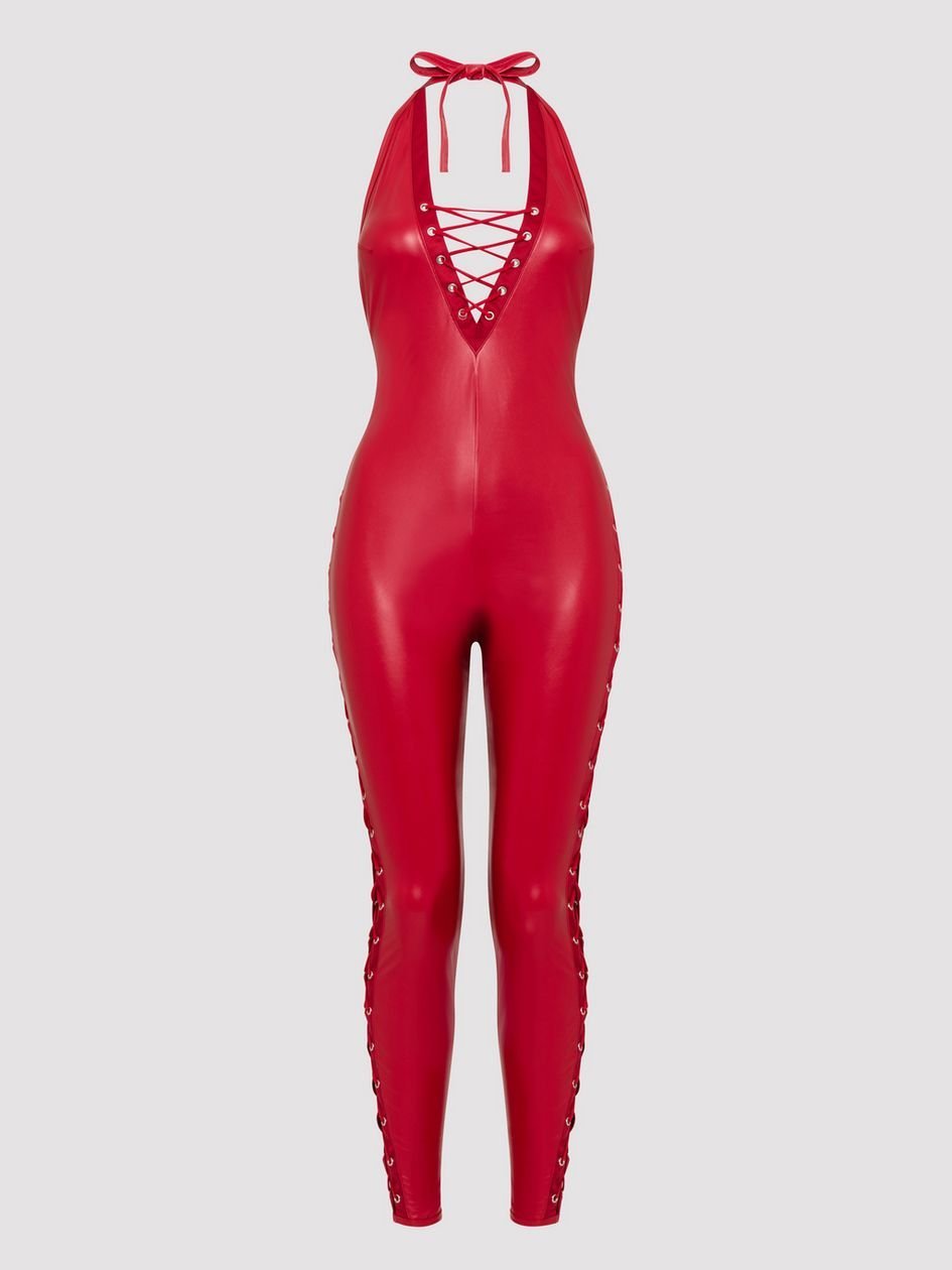 a48198g86240.jpg Lovehoney Plus Size Fierce Leather Look Lace-Up Red Catsuit - Image 1