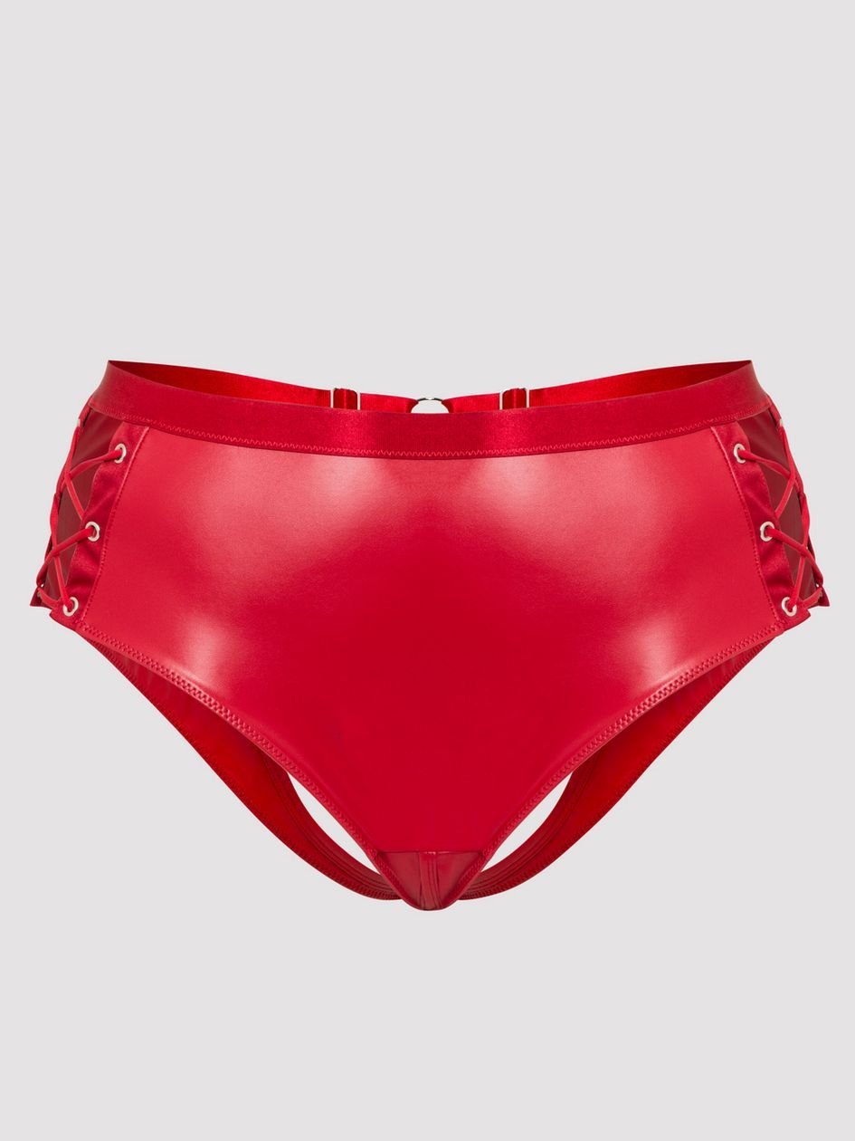 a48205g86247.jpg Lovehoney Fierce Leather Look Lace-Up Open-Back Crotchless Red Panties - Image 1