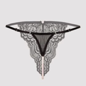 Lovehoney Satin Romance Black Lace Pearl Thong
