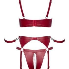 Cottelli Red Matte Wet Look Crotchless Bra Set with Restraints