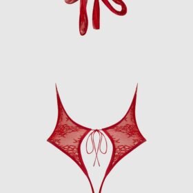 House of Desire Red Kiki Lace Plunge Halter Crotchless Body