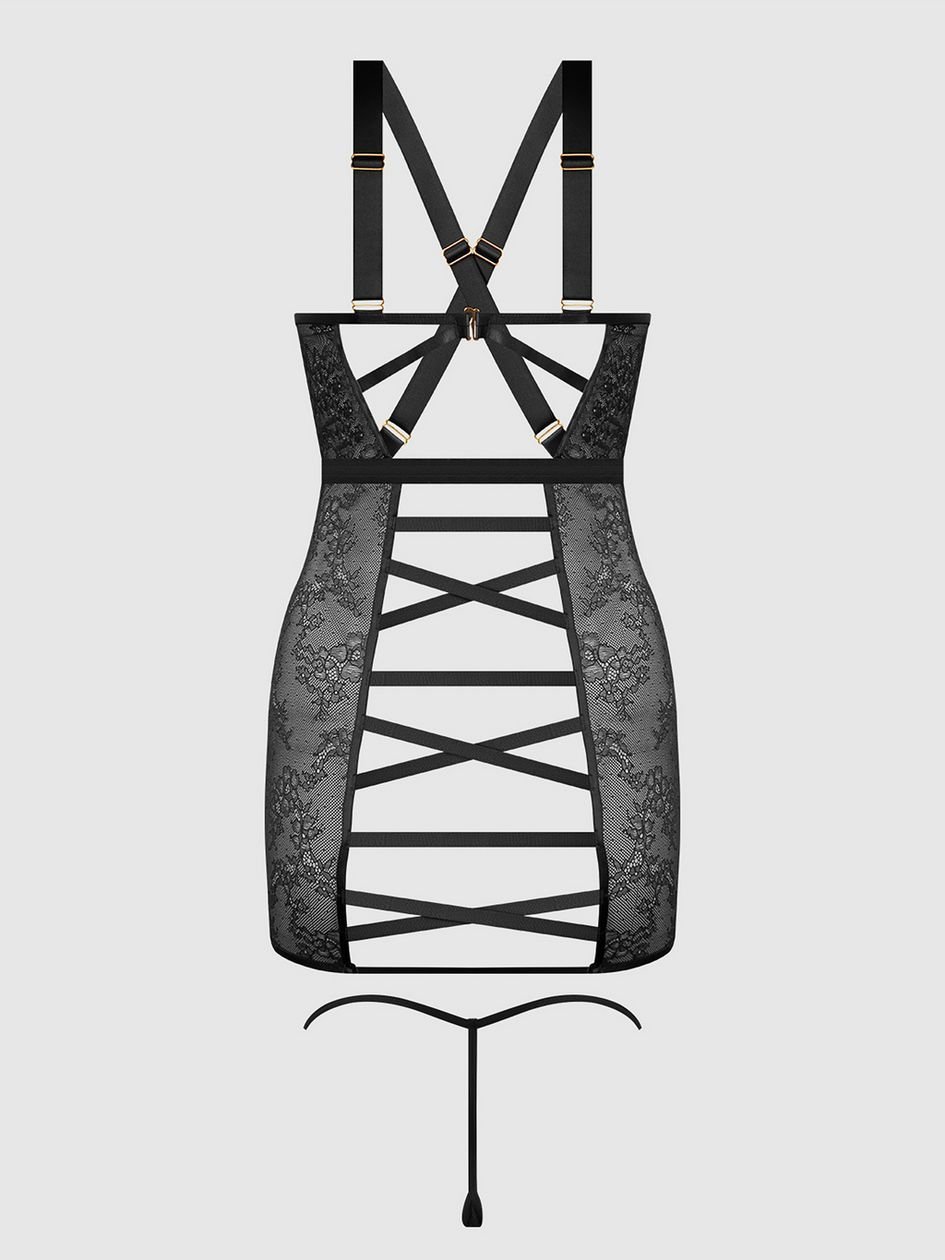 a50065g88175.jpg House of Desire Black Kiki Lace Strappy & Backless Chemise & G-String Set - Image 1